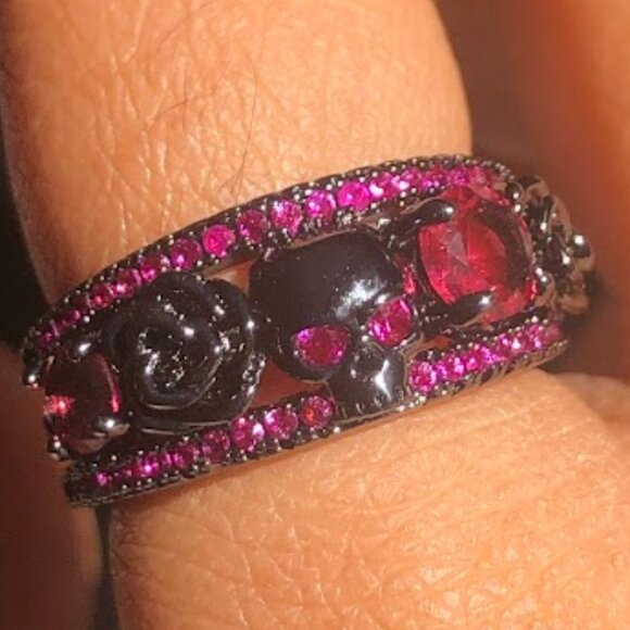 2PC Black Gold Plating Gothic Skull Rose Rings Crystal Amethyst Rhodolite - Picture 8 of 9